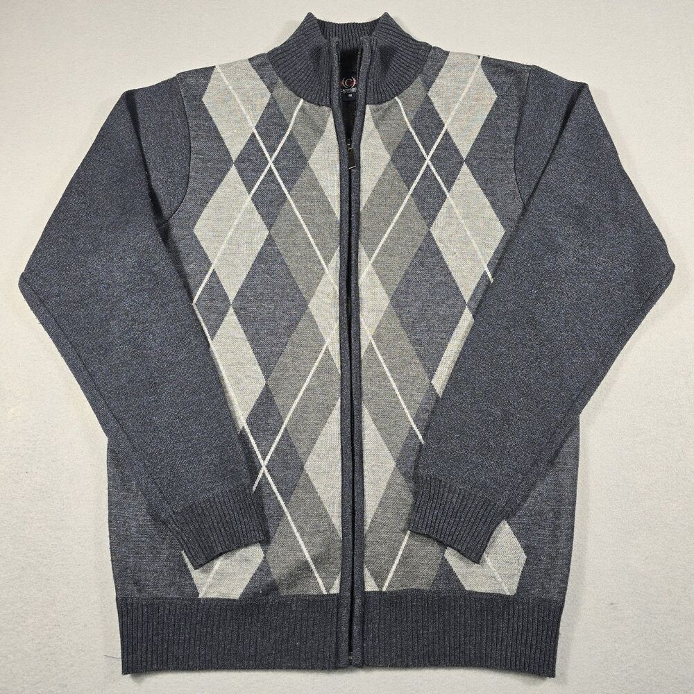 Cambridge Men's Medium Blue Full Zip Mock Neck Sweater Gray White Argyle Pattern